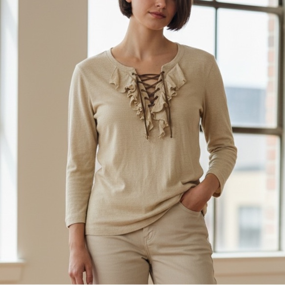 Lauren Ralph Lauren Plus Size 3/4 Sleeve Taupe Ruffle Front Blouse Top Sz S